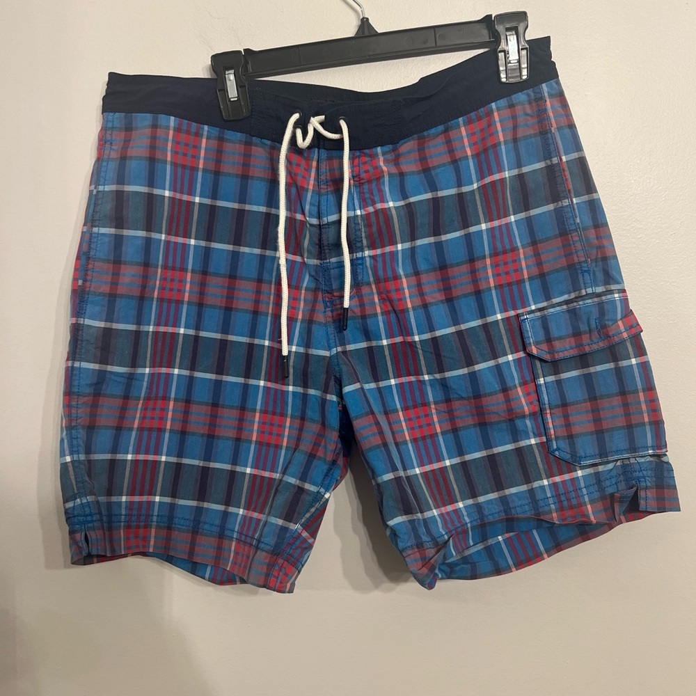 Tommy Hilfiger Swim Shorts Mens Large Blue Red White Plaid Trunks‎ Flag Logo
